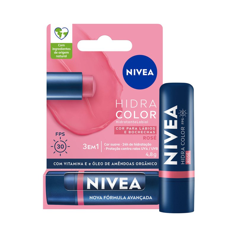 Hidratante Labial 3 Em 1 Com Vitamina E E Oleo De Amendoas Organico FPS 30 Rose 24H De Hidratacao Nivea Hidra Color Blister 4,8g
