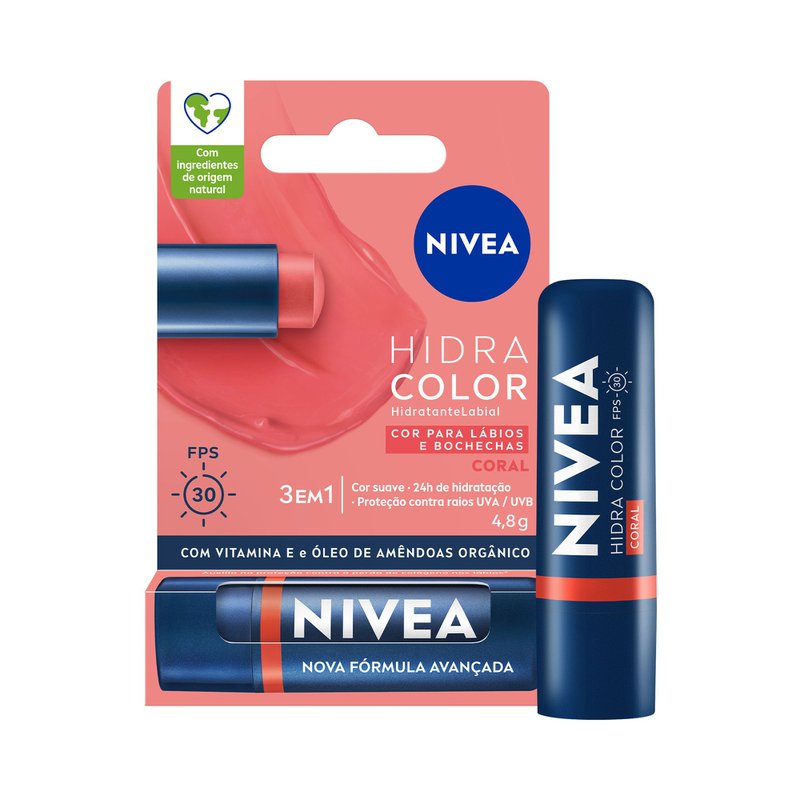 Hidratante Labial 3 Em 1 Com Vitamina E E Oleo De Amendoas Organico FPS 30 Coral 24H De Hidratacao Nivea Hidra Color Blister 4,8g