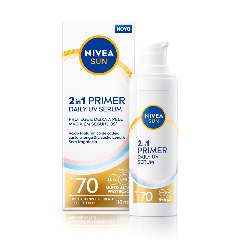 Protetor Solar Serum Primer Daily UV 2 Em 1 Sem Perfume FPS 70 Nivea Sun Caixa 30ml