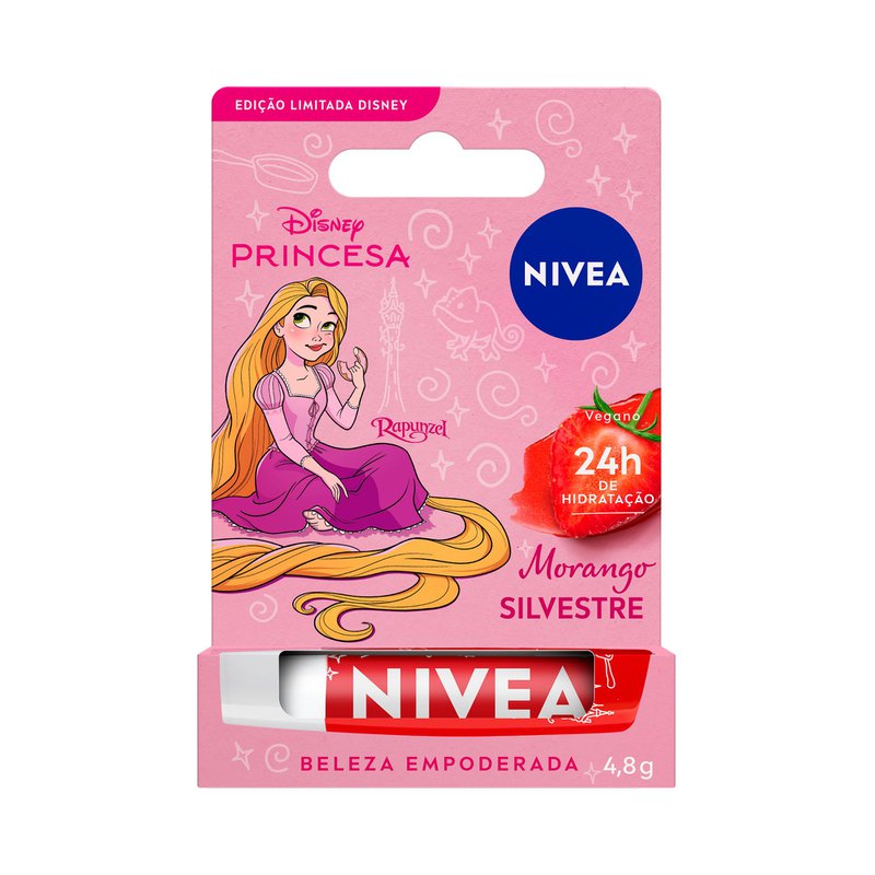 Nivea Hidratante Labial Morango Silvestre Ed. Limitada Rapunzel Disney Princesa 4,8g - 24H De Hidratação Para Os Lábios