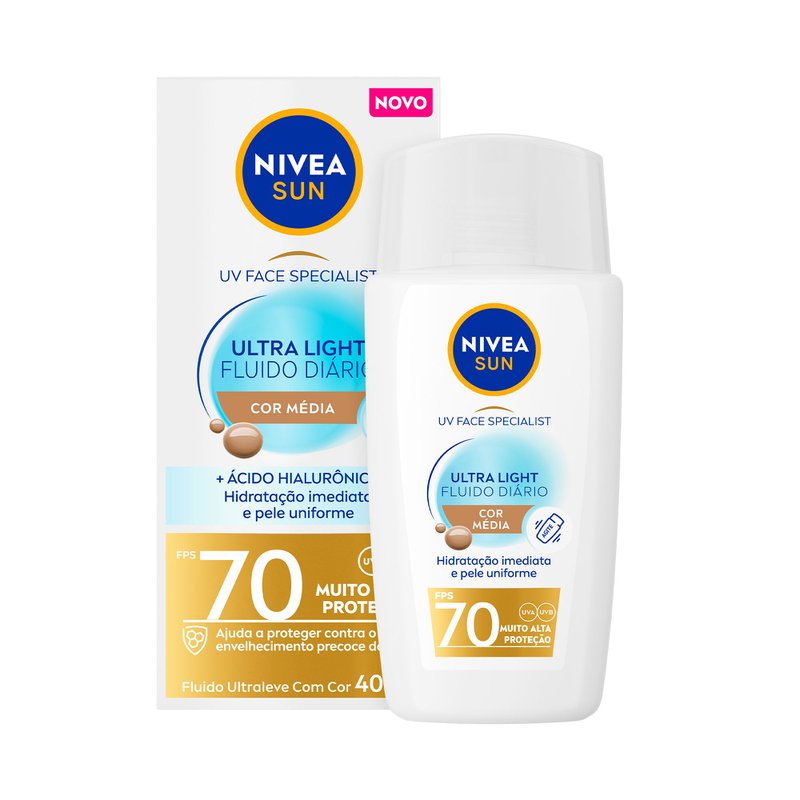 Protetor Solar Facial Ultra Light Com Cor Media FPS 70 Nivea Sun UV Face Specialist Caixa 40ml