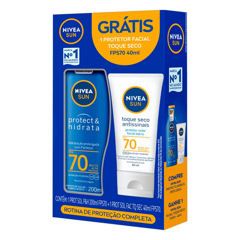 Kit Protetor Solar FPS 70 Nivea Sun Protect & Hidrata 200ml Gratis Protetor Solar Facial Toque Seco Antissinais FPS 70 40ml