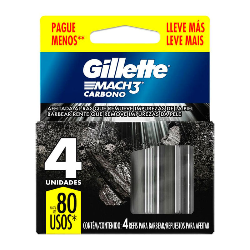 Carga Para Aparelho De Barbear Gillette Mach3 Carbono Com 4 Unidades