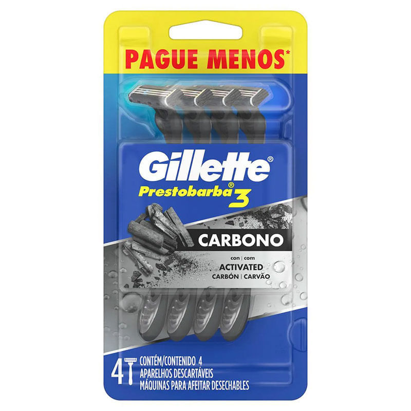 Aparelho Descartavel Para Barbear Com Carvao Gillette Prestobarba3 Carbono 4 Unidades Pague Menos