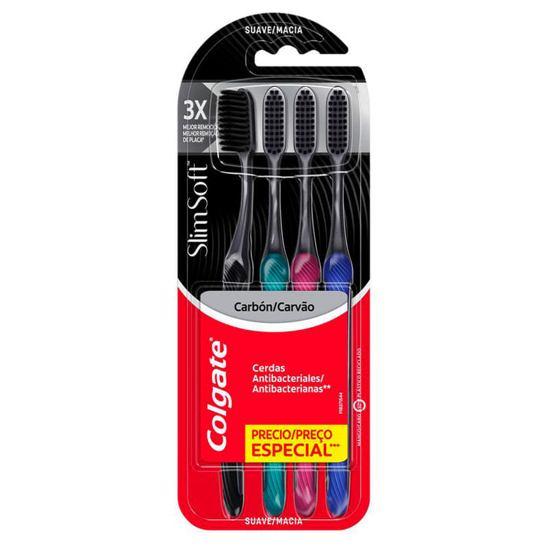 Kit Pack Colgate Anual Escova Dental Slim Soft Black Carvao Macia Rosa + Azul +2 Verde Com 4 Unidades