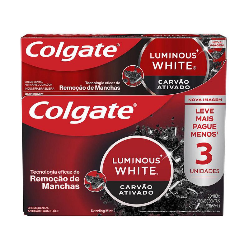 Pack Creme Dental Carvao Ativado Colgate Luminous White Caixa 3 Unidades 70g Cada