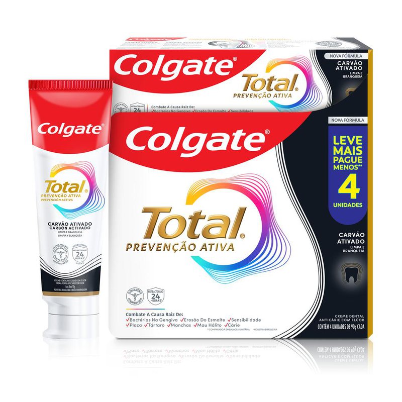 Pack Creme Dental Anticarie Com Fluor Carvao Ativado Colgate Total Prevencao Ativa Caixa 4 Unidades 90g Cada Leve Mais Pague Menos