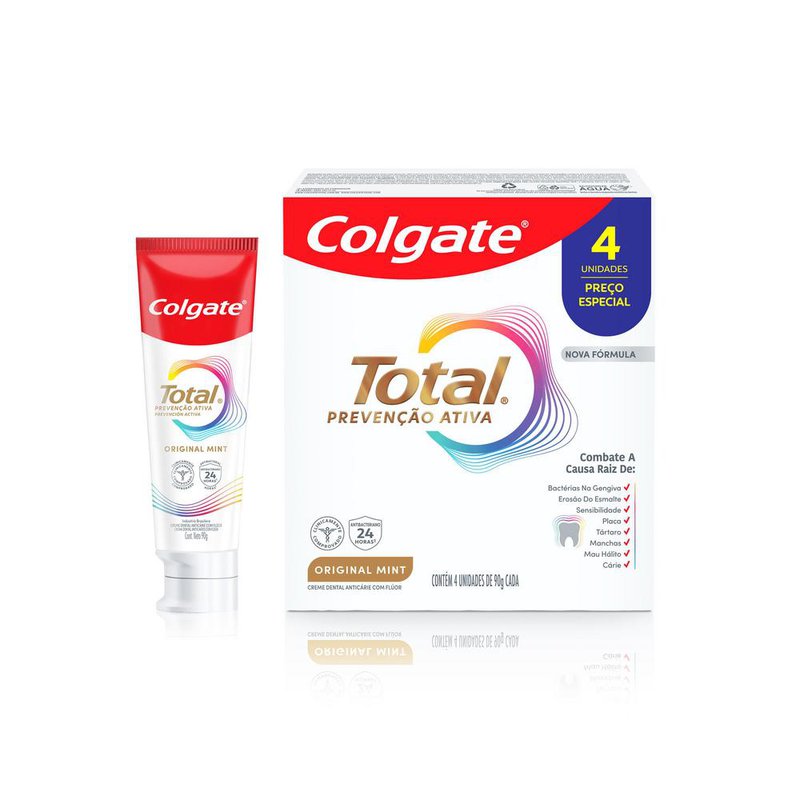 Pack Creme Dental Anticarie Com Fluor Original Mint Colgate Total Prevencao Ativa Caixa 4 Unidades De 90g Cada Preco Especial