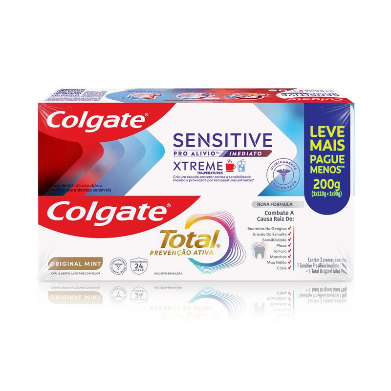 Kit Creme Dental Com Fluor Xtreme Temperatures Sensitive Pro-Alivio Imediato 110g + Anticarie Original Mint Total Prevençao Ativa 90 g Colgate Leve Mais Pague Menos