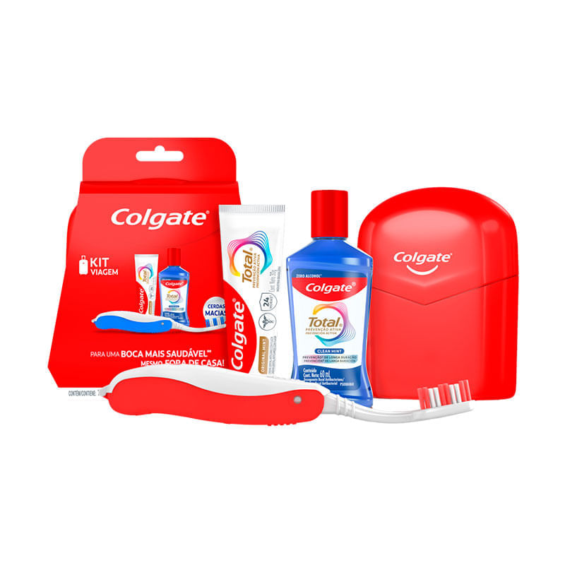 Kit Estojo + Creme Dental Anticárie Original Mint 30g + Enxaguante Bucal Antibacteriano Clean Mint 60ml Prevenção Ativa + Escova Den Tal Macia Cabeça Normal Colgate Total