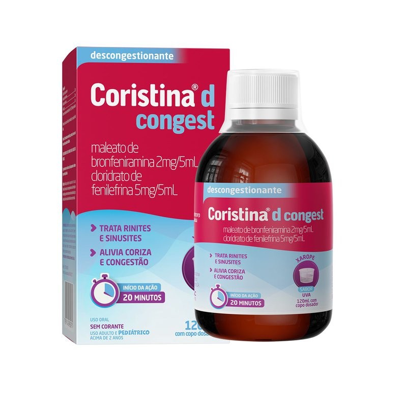 Coristina D Congest Maleato De Bronfeniramina 2mg/5ml + Cloridrato De Filefrina 5mg/5ml Xarope 120ml