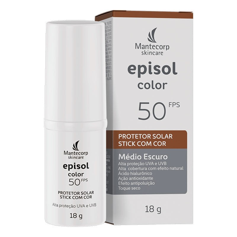 Protetor Solar Facial Stick Toque Seco Com Cor Medio Escuro FPS 50 Mantecorp Skincare Episol Caixa 18g