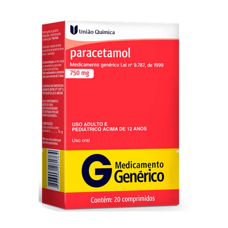 Paracetamol 750mg 20 comprimidos União Química