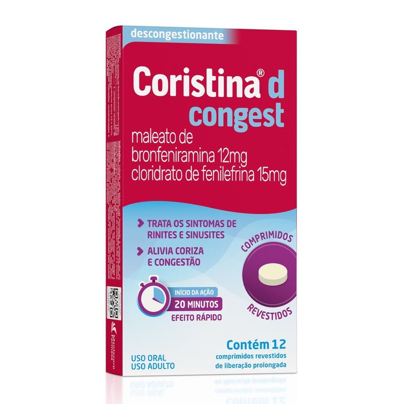 Coristina D Congest Maleato De Bronfeniramina 12mg + Cloridrato De Filefrina 15mg 12 Comprimidos