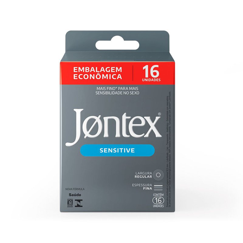 Pack Preservativo Masculino Lubrificado Sensitive Mais Fino Jontex Caixa 16 Unidades Embalagem Economica
