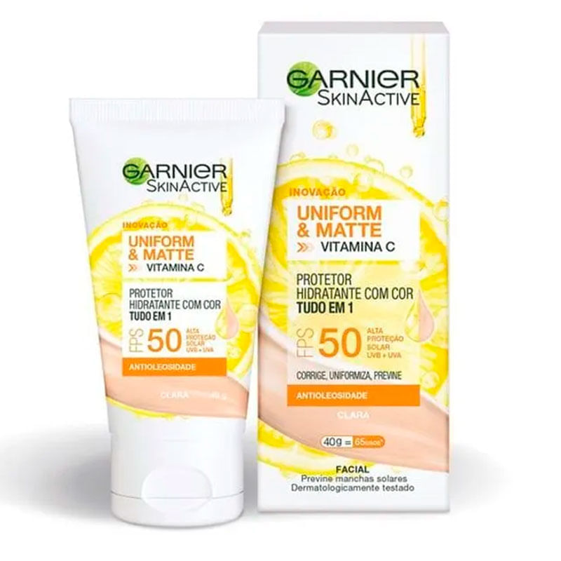 Protetor Solar Garnier Skinactive Creme Hidratante Protetor Uniform Matte Com Cor Clara Fps50 40g