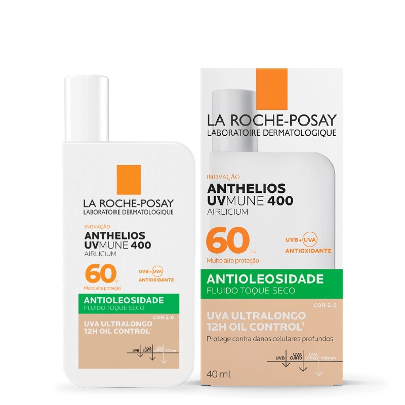 Protetor Solar Facial Fluido Antioleosidade Com Cor 2.0 FPS 60 La Roche Posay Anthelios Uvmune 400 Airlicium Frasco 40ml